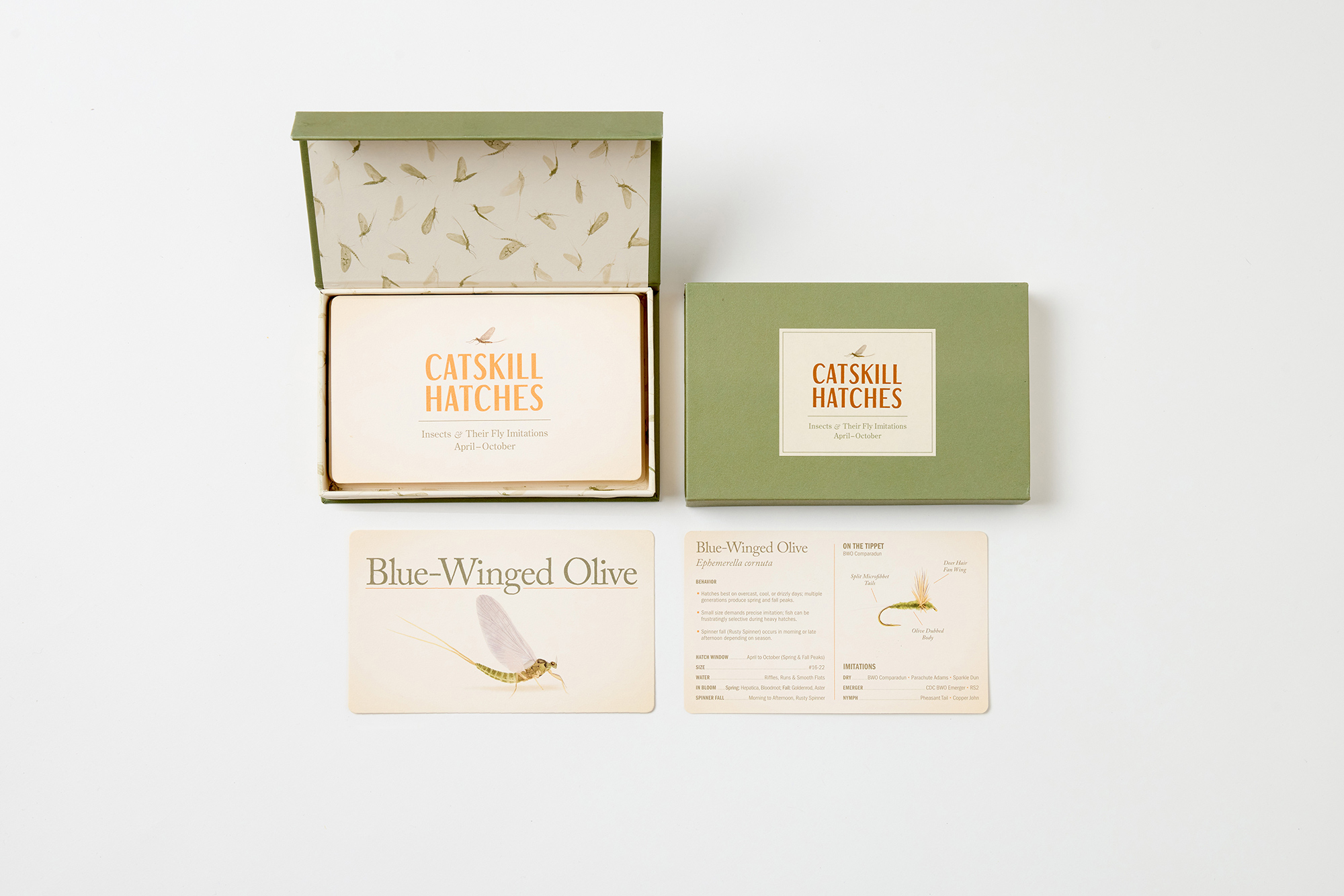 A Blue-Winged Olive card shown front and back beside the box