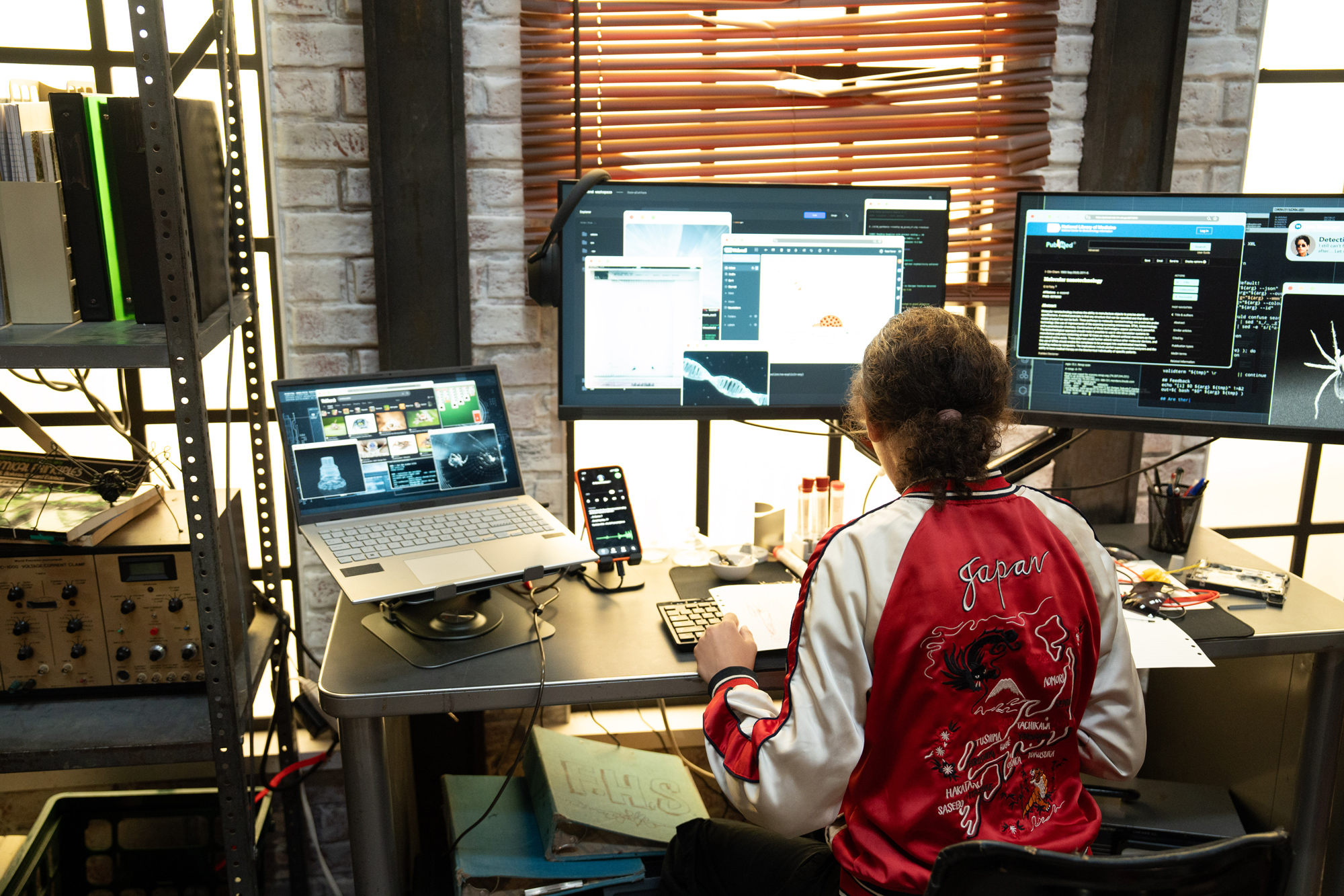 Peter Parker's apartment desk set dressing with multiple monitors and hacking props