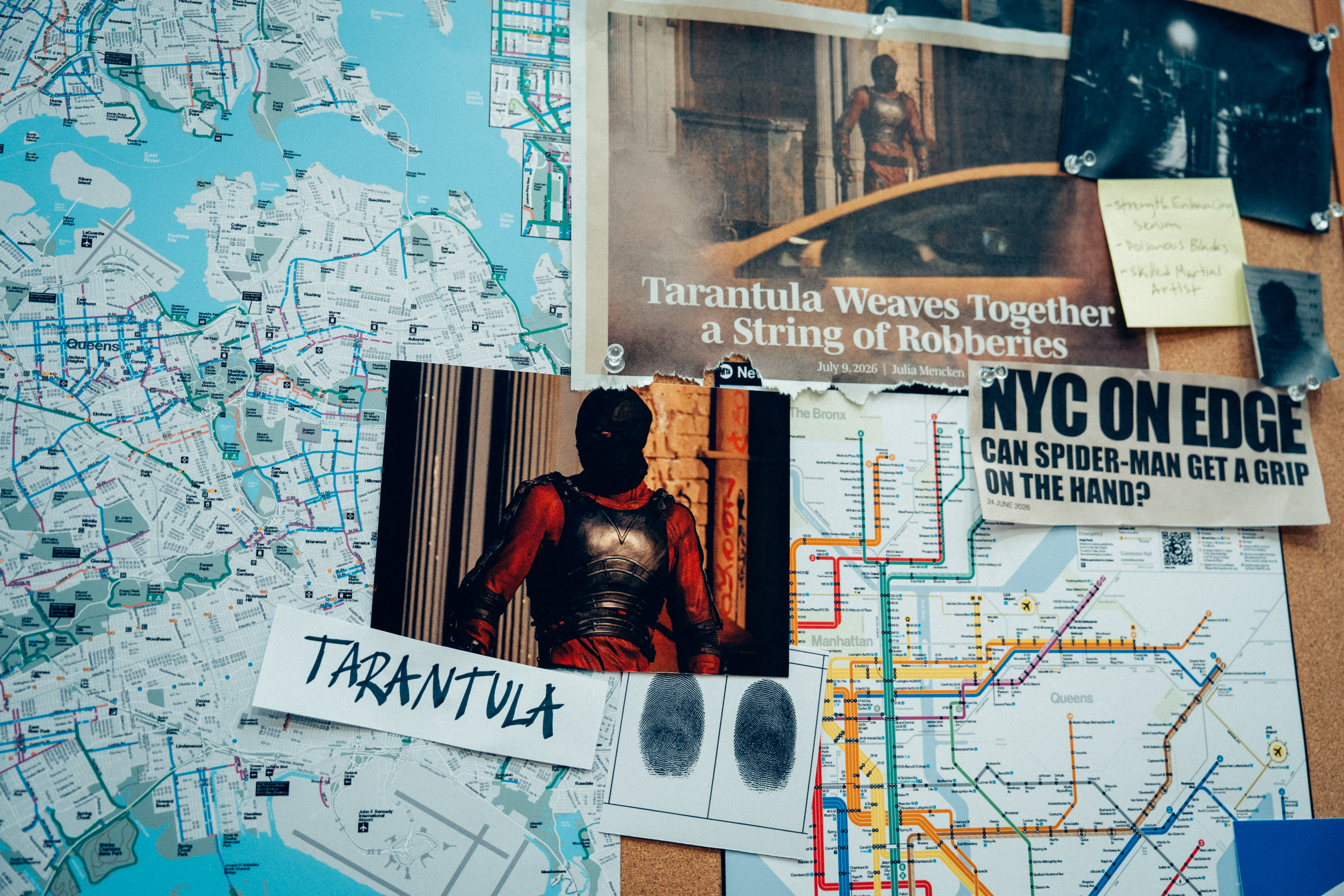 Detective corkboard set dressing with maps and Tarantula clippings